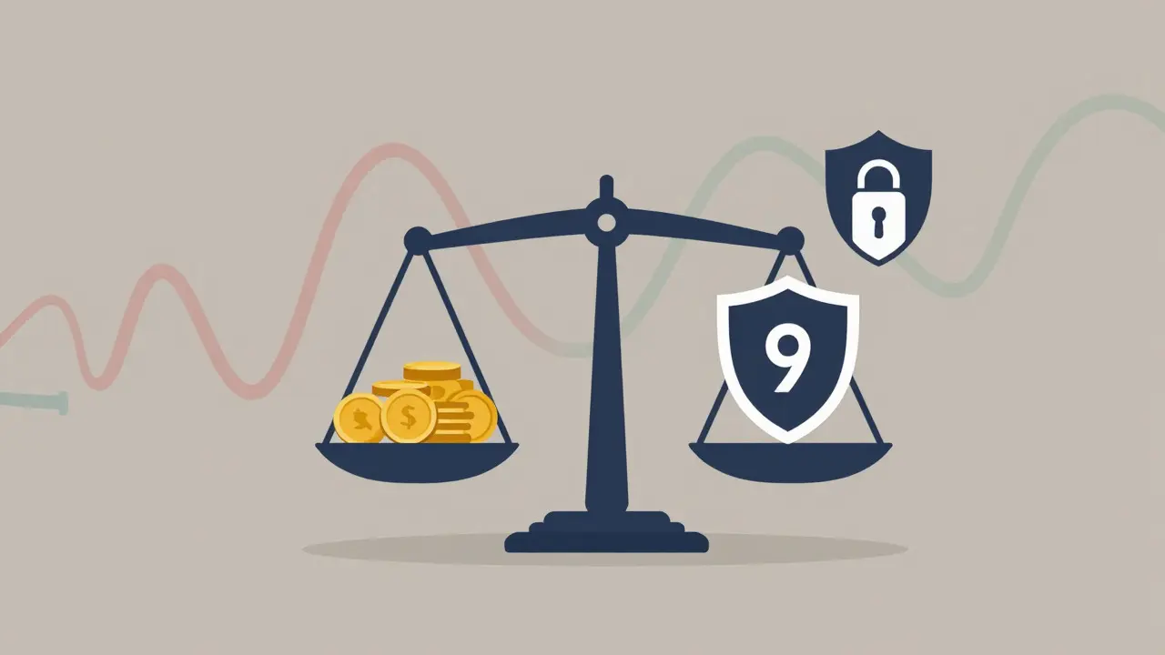 Illustration depicting risk balance with scales, a shield, and abstract volatility waves