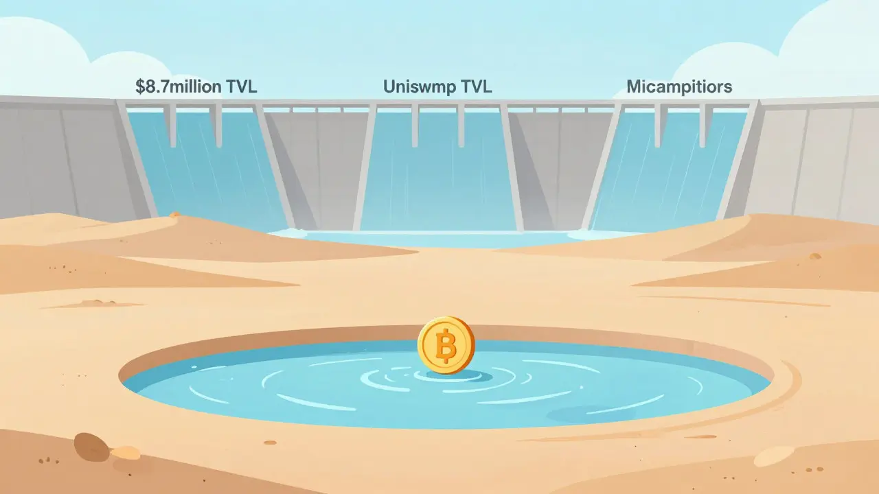 Illustration of a small liquid pool contrasting with large distant dams