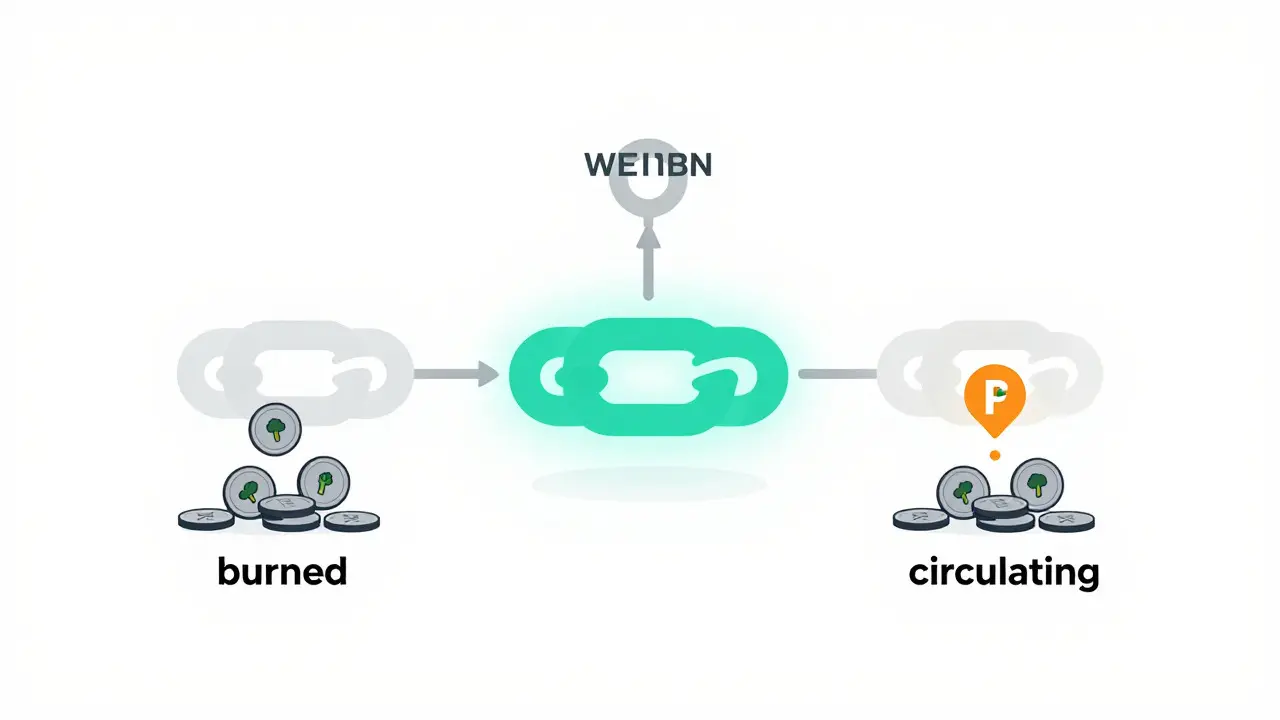 Illustration of blockchain nodes and burning tokens