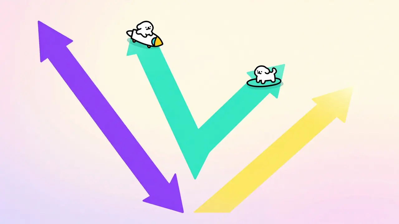 Illustration of three diverging paths showing varying levels of crypto market volatility.
