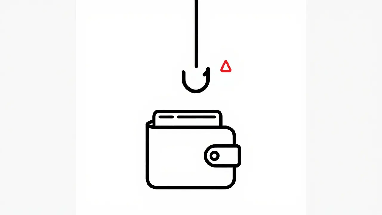 Line art of phishing hook catching crypto wallet, symbolizing scams