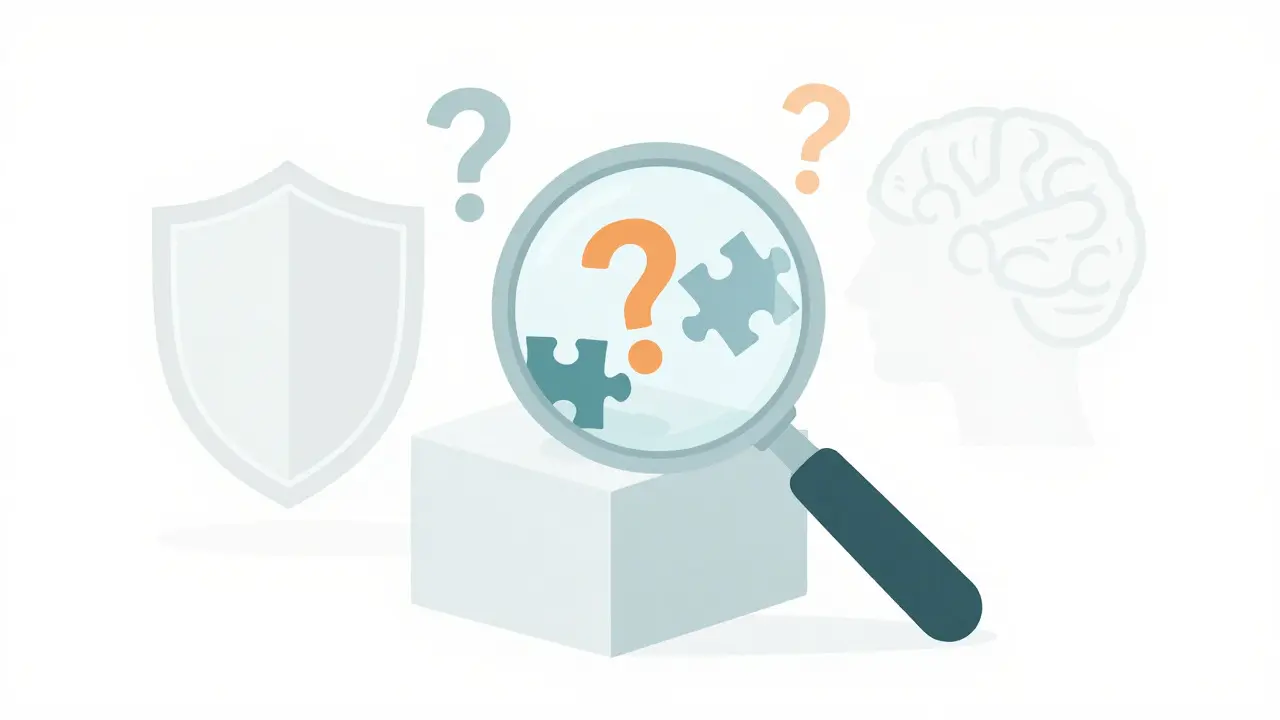 Magnifying glass revealing question marks over a blurred crypto block