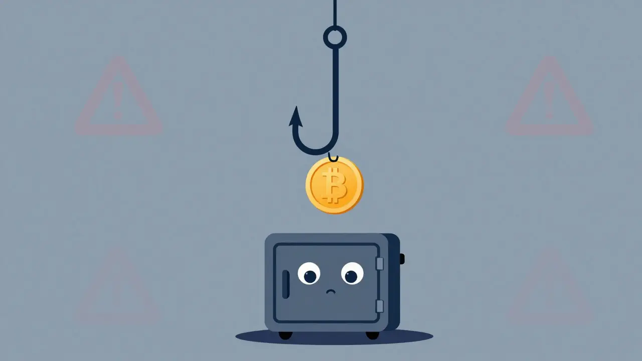 Minimalist art of a fishing hook luring a digital wallet into a crypto scam trap