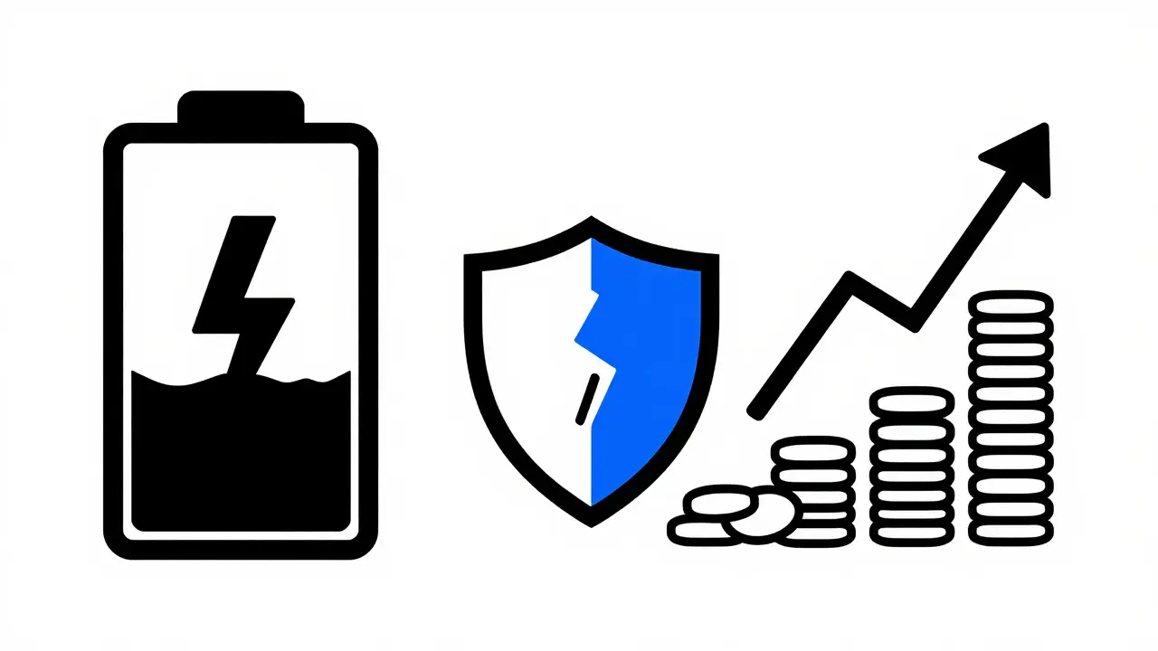 Minimalist graphic showing a cracked shield, empty battery, and rising coin graph
