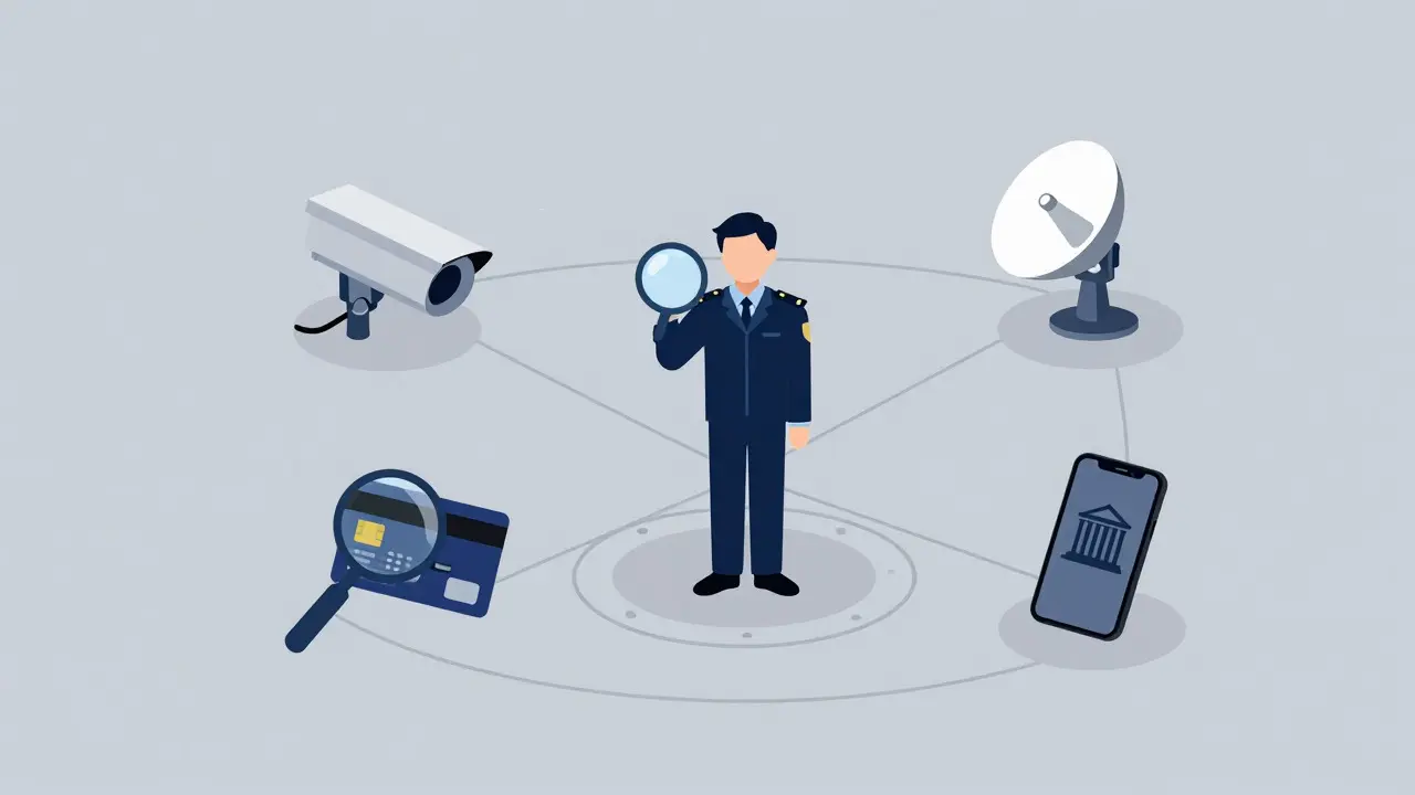 Minimalist graphic showing a person surrounded by surveillance icons representing financial monitoring