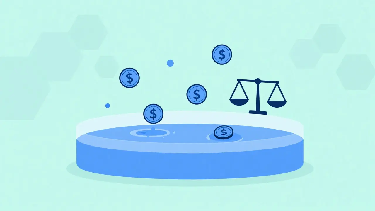 Minimalist vector art showing coins entering a blue liquidity pool next to a balancing scale