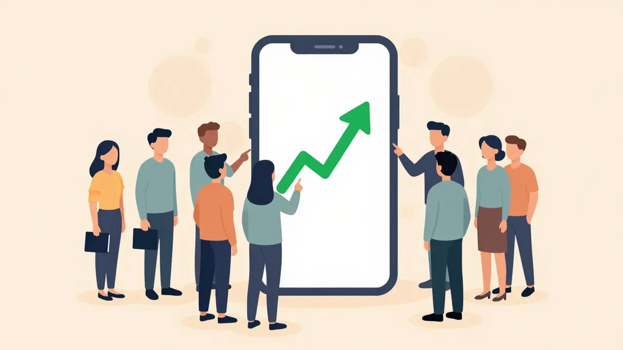 People viewing a rising chart on a smartphone
