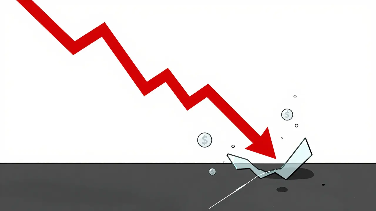 Red line graph crashing through glass, symbolizing high volatility