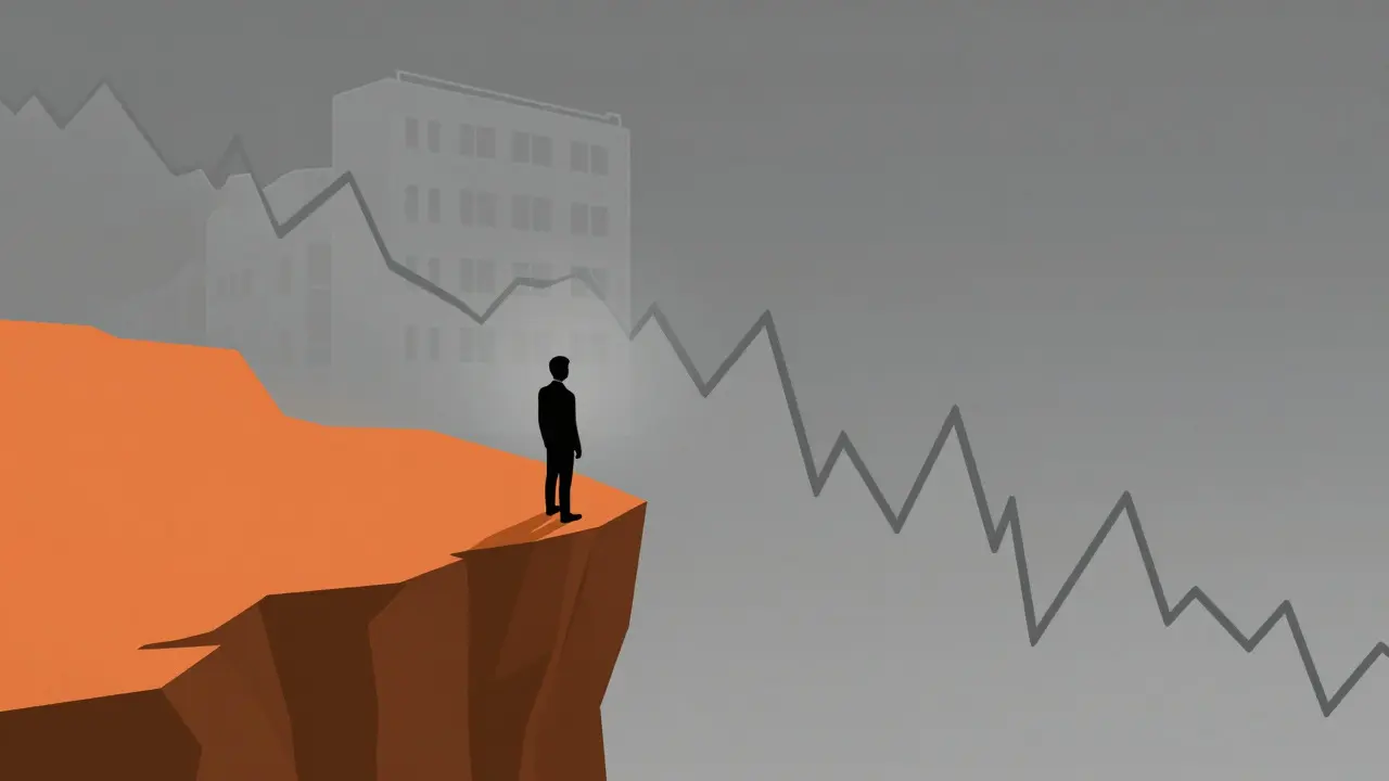 Silhouette of an investor overlooking a volatile chart with a ghostly building above