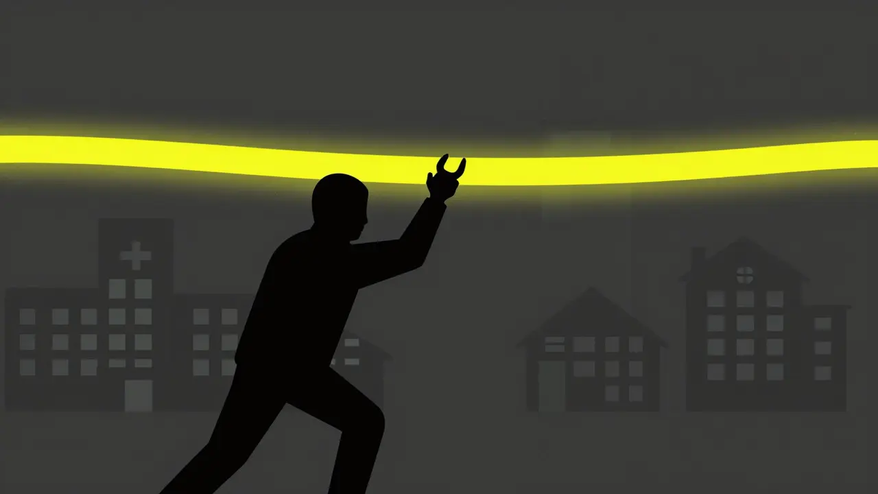 Silhouette stealing power from a line while nearby buildings have dimmed lights, showing corruption.