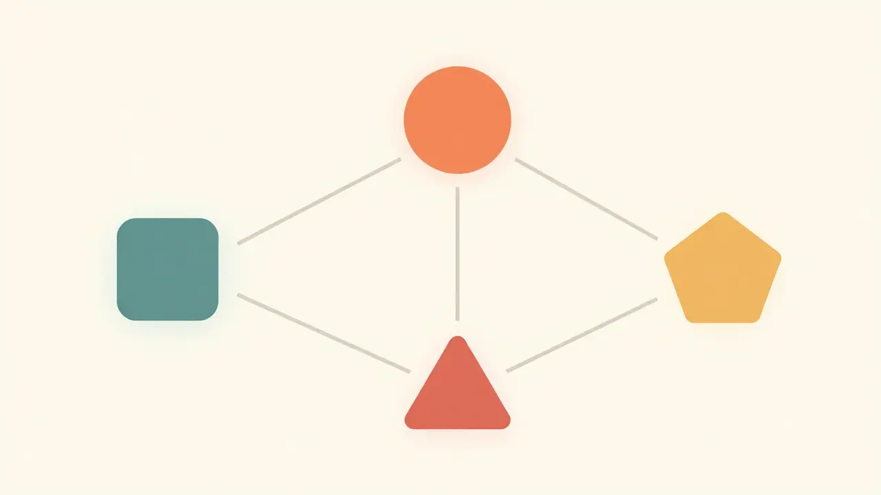 Simple diagram illustrating a central node connecting to multiple blockchain shapes via glowing lines