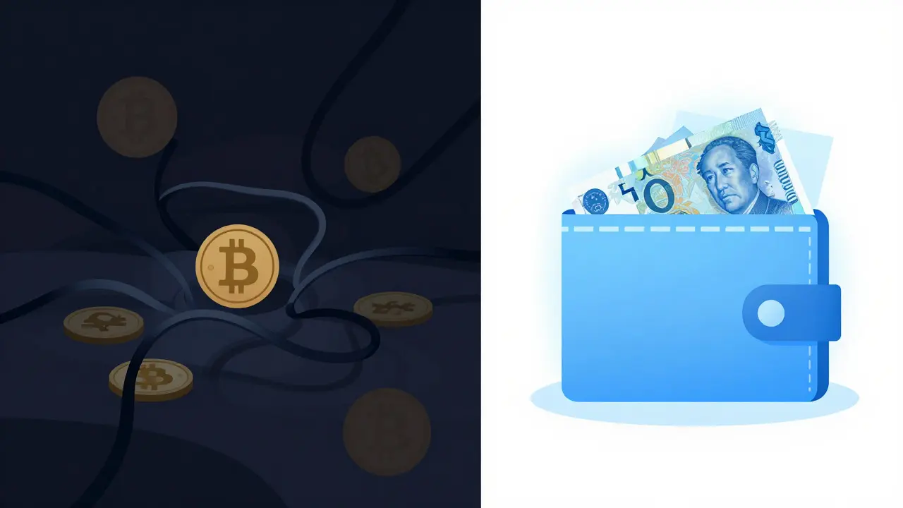 Split illustration contrasting chaotic private crypto wires with a clean, glowing state digital wallet