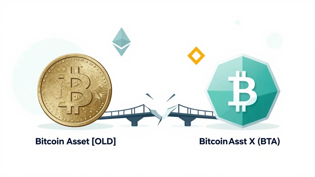 Split view showing old vs new crypto tokens with no connection