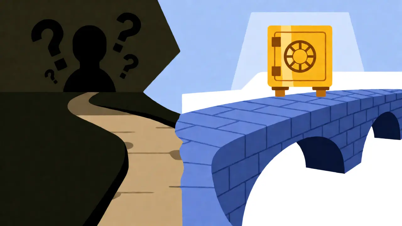 Visual metaphor comparing risky crypto paths to secure ones