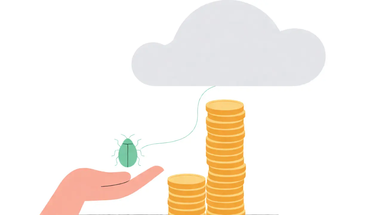A hand releasing a bug that transforms into a rising stack of coins.