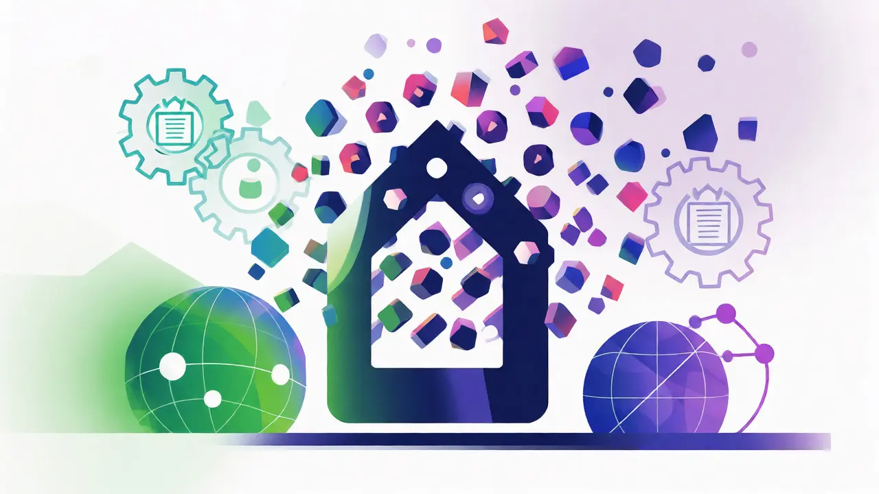 Abstract building breaking into colorful tokens, illustrating asset tokenization and future finance.