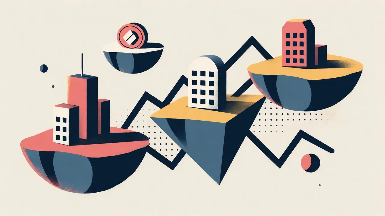 Abstract geometric islands showing fragmented data and market volatility.