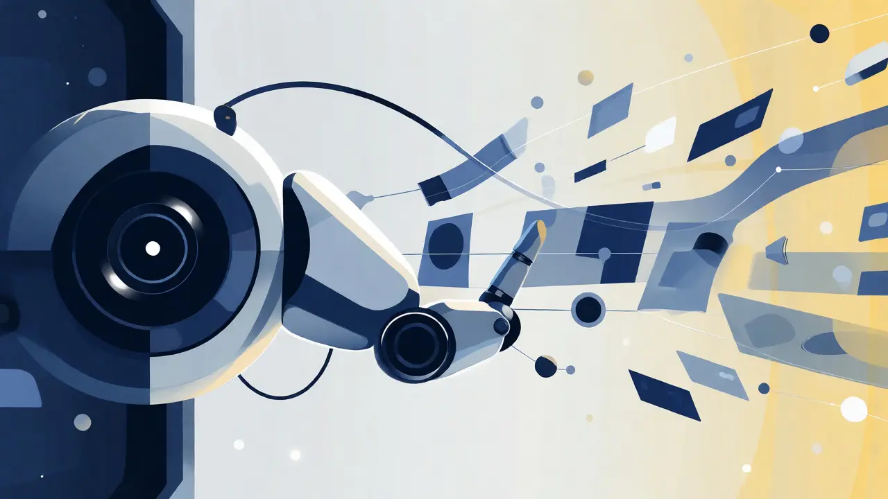 Abstract minimalist art of a robot processing data streams in a 24/7 market environment.