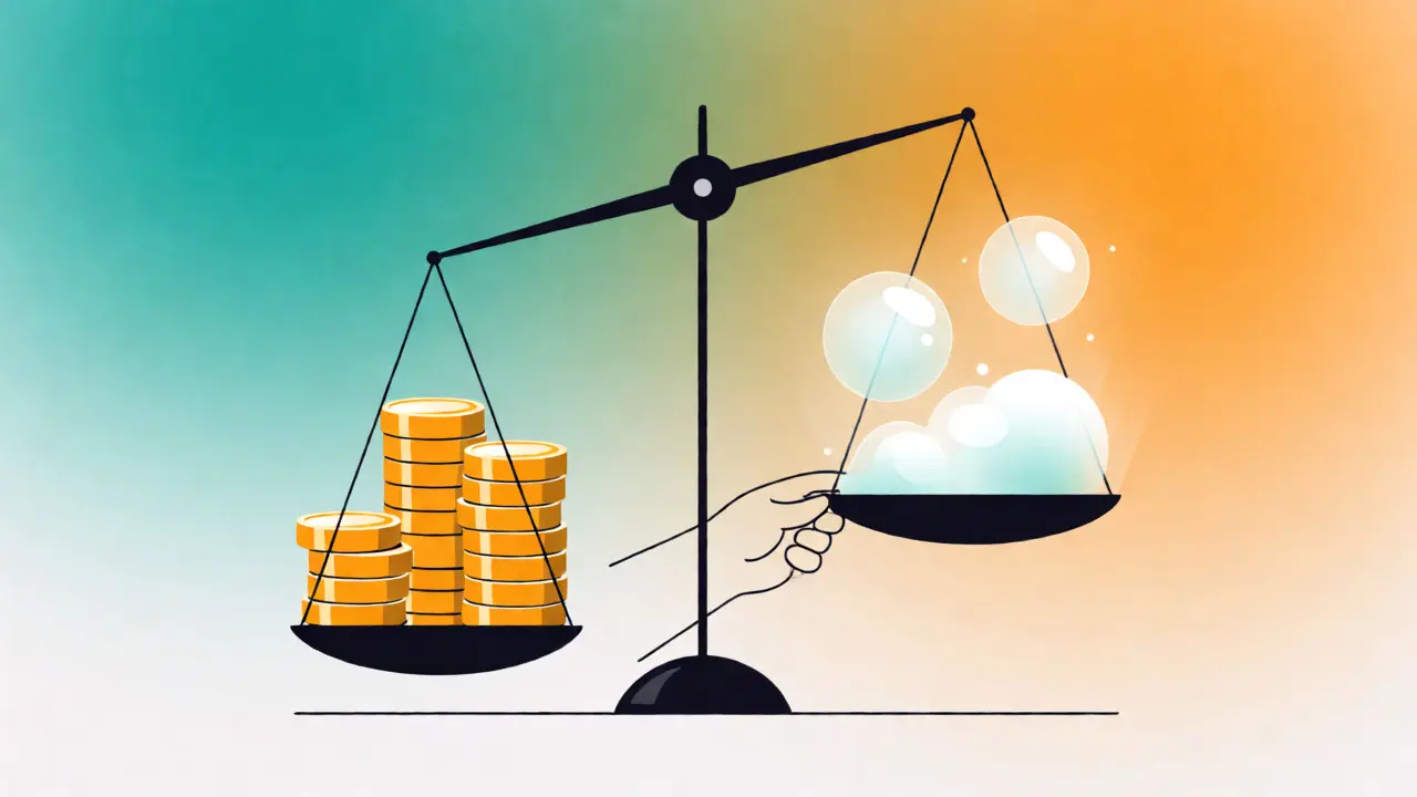 Balanced scale weighing solid gold coins against fragile token emission bubbles in a minimalist style.