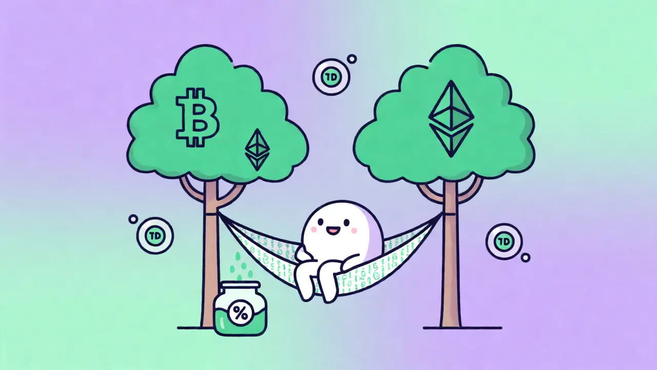 Cartoon character relaxing in a hammock as crypto coins fall into a savings jar.