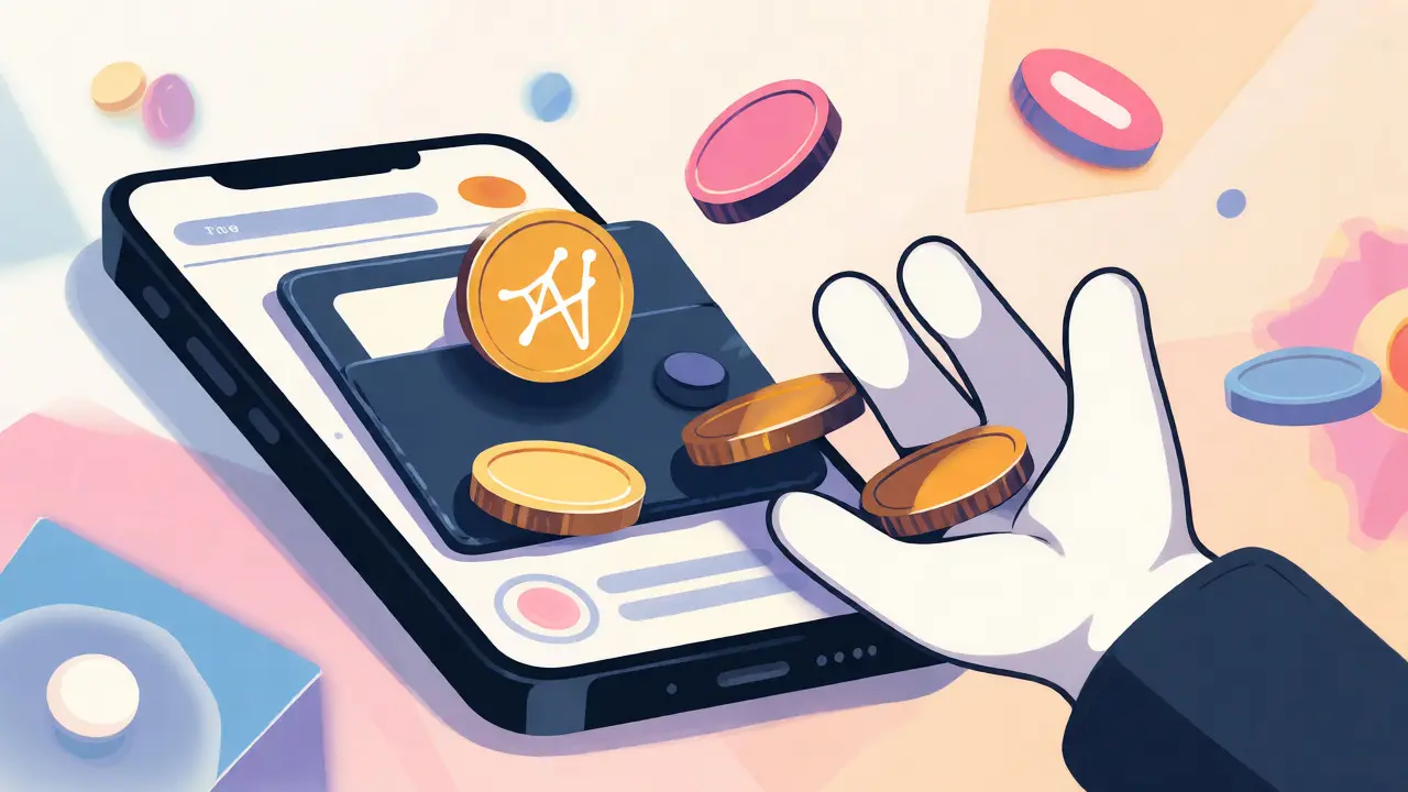 Cartoon hand trying to catch falling coins from a phone screen, depicting meme coin risk and volatility.