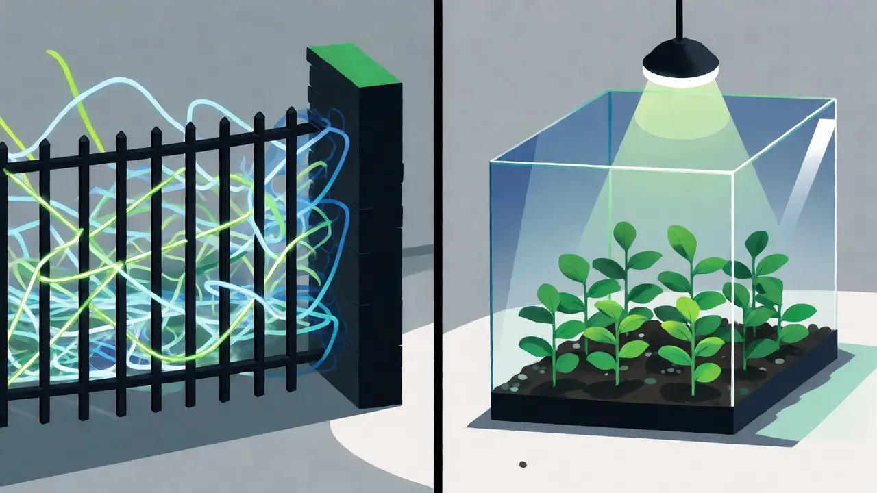 Chaos outside a glass box where blockchain technology grows in a controlled sandbox.