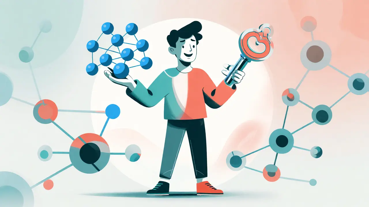 Character holding a network of tokens in one hand and a unique key in the other