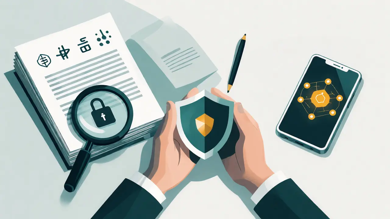 Desk with federal docs, digital lock, and blockchain phone