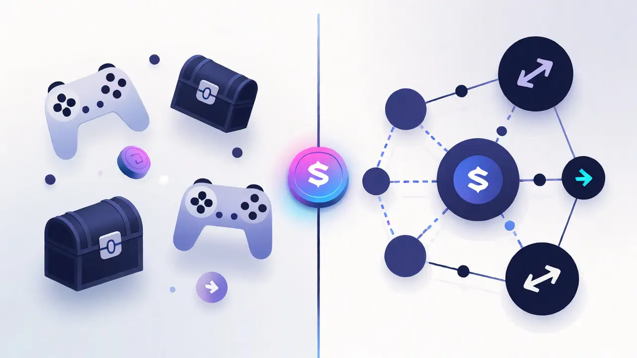 Diagram showing game assets moving from creation to external trading networks