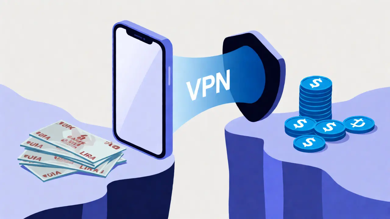 Digital bridge connecting Turkish Lira to global crypto via VPN and DeFi