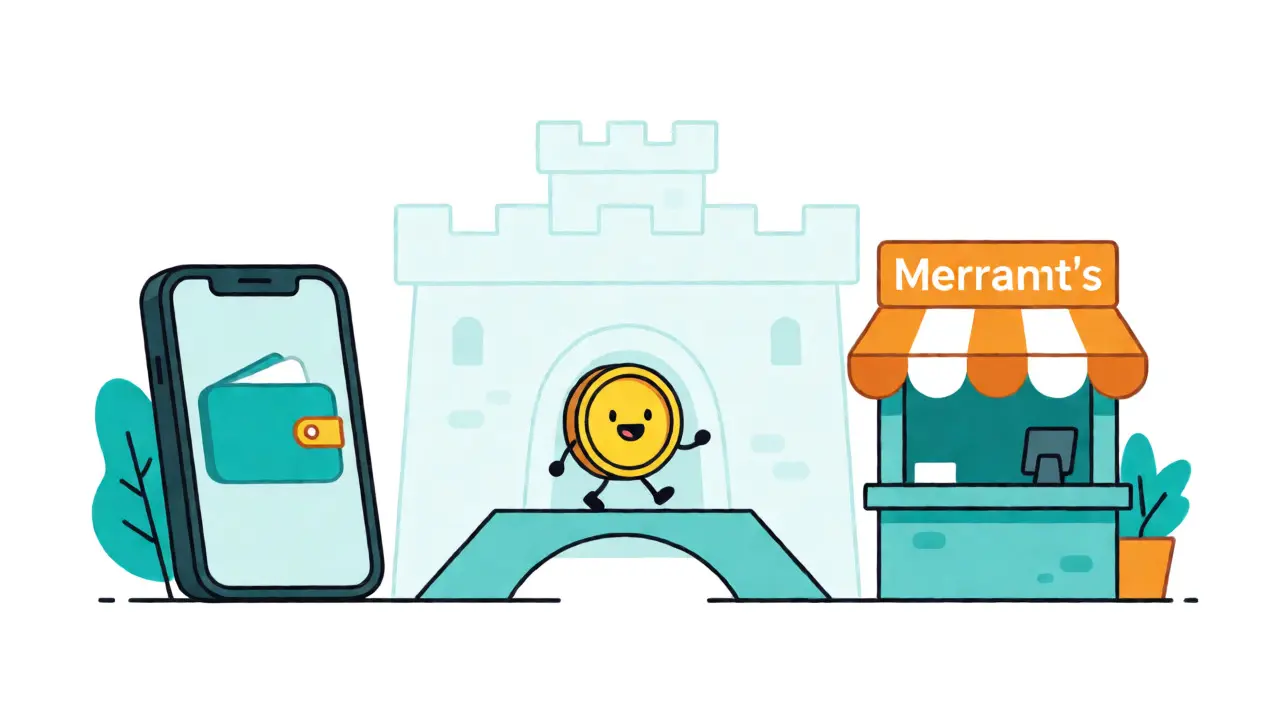 Digital coin crossing a bridge from wallet to merchant avoiding central vault