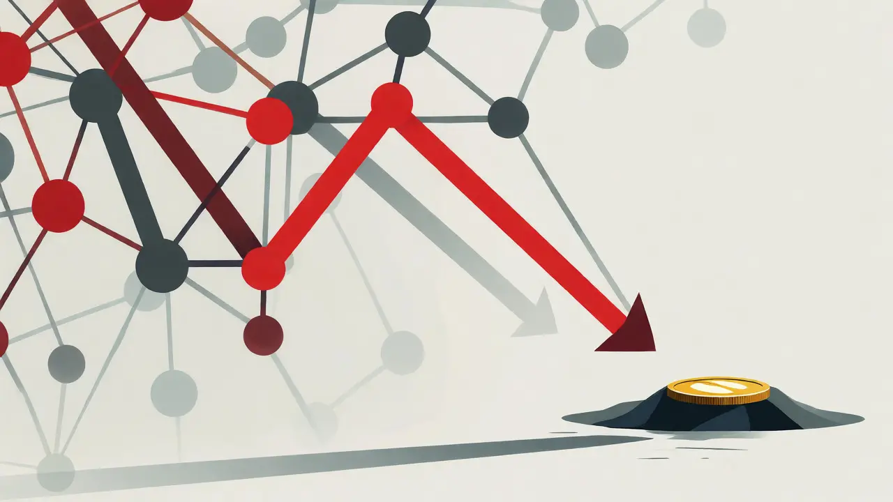 Downward red trend line ending at an isolated golden token.