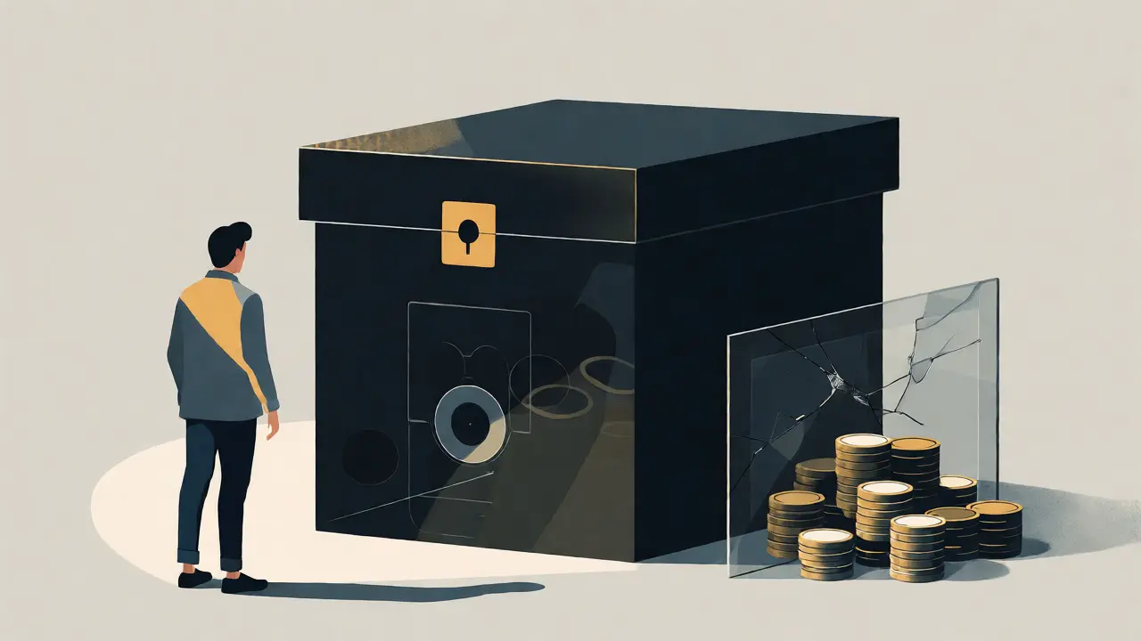 Figure facing an opaque black box with trapped coins behind glass.