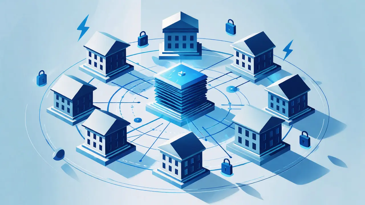 Glowing blue network connecting bank buildings, symbolizing fast and secure blockchain settlements.