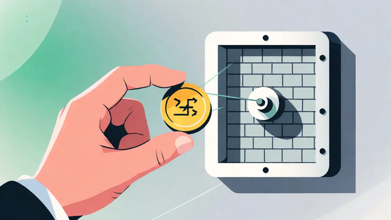 Hand holding a token unlocking a brick-patterned vault in flat design.