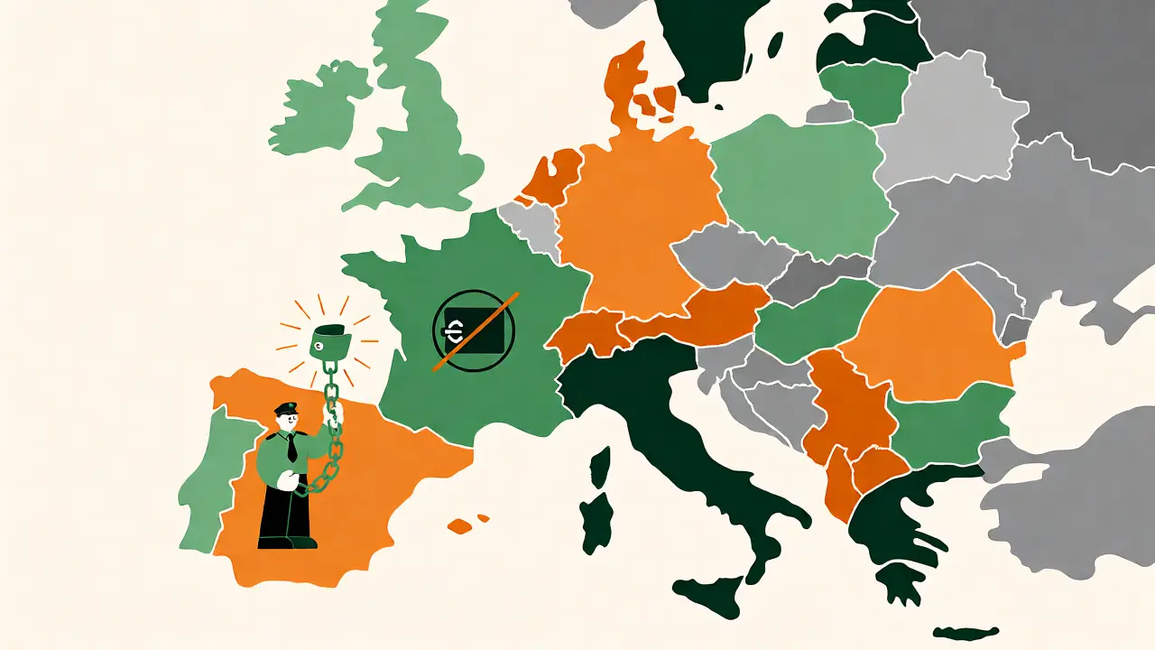 Illustrated European map with puzzle pieces showing cross-border crypto enforcement links.