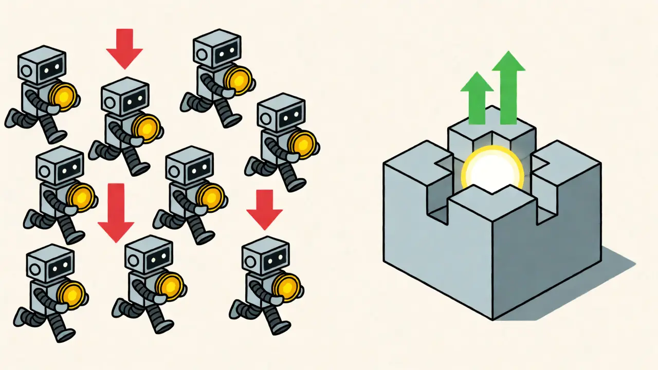 Illustration comparing chaotic liquidity mining robots with stable protocol-owned liquidity structures.