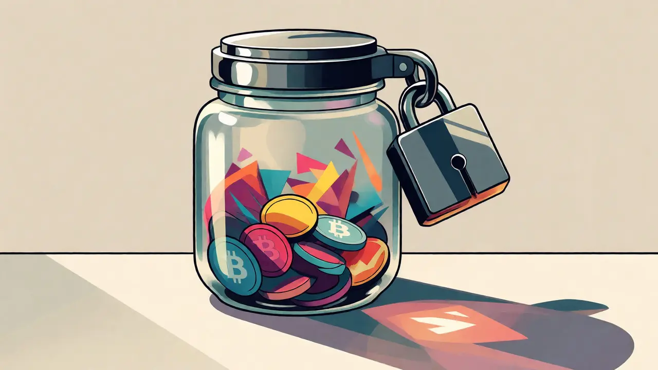 Illustration of a locked glass jar filled with geometric cryptocurrency symbols.