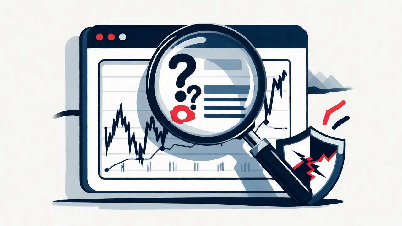 Illustration of a magnifying glass revealing missing data and broken security shields on a trading screen.