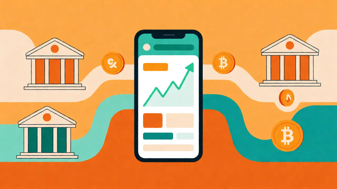 Illustration of a smartphone connecting seamlessly to local banks via digital pipelines.