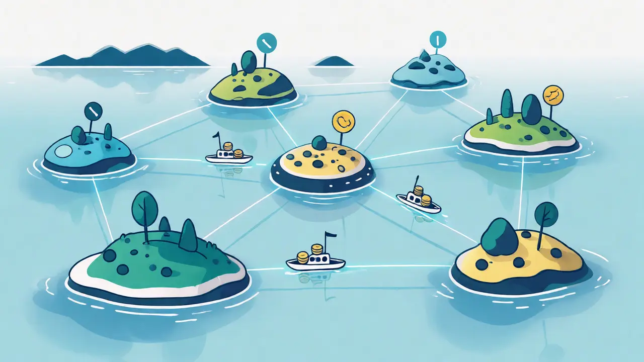 Illustration of connected islands sharing liquidity via glowing lines.