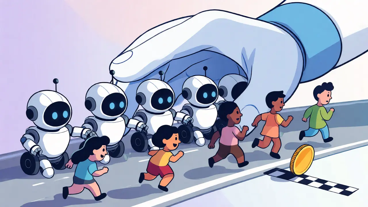 Illustration of human avatars running past blocked robots on a fair race track.