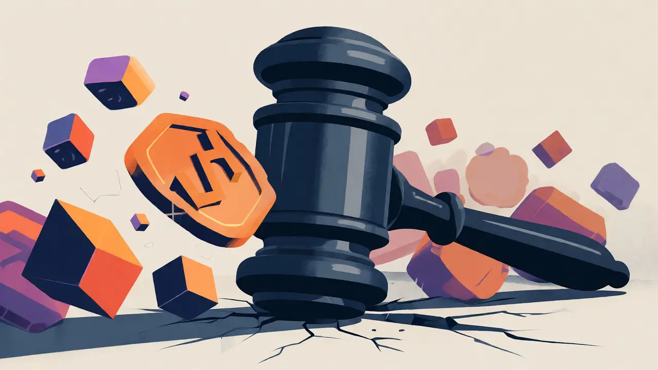 Minimalist graphic showing a gavel blocking colorful digital asset shapes, causing market cracks.
