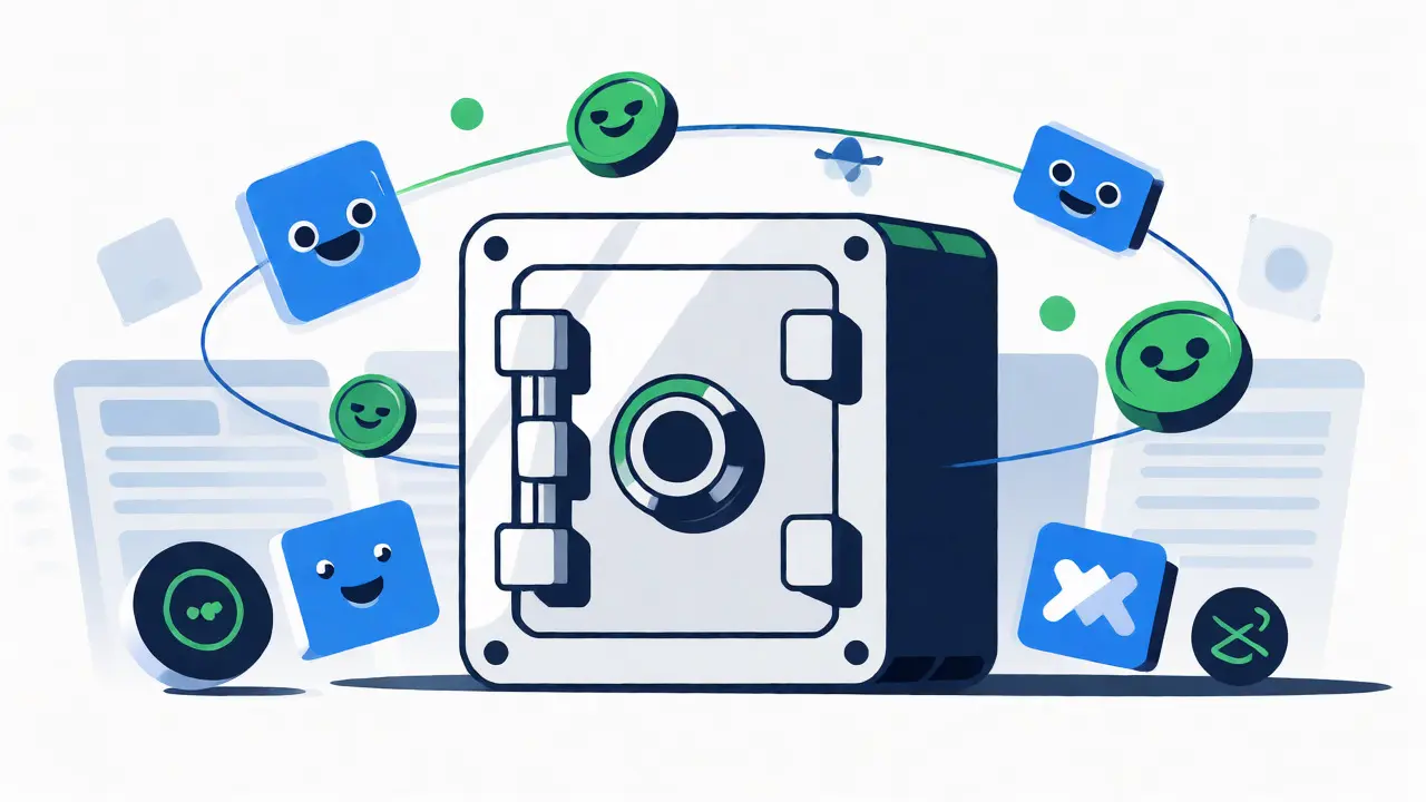 Secure wallet vault surrounded by floating NFTs and gaming tokens
