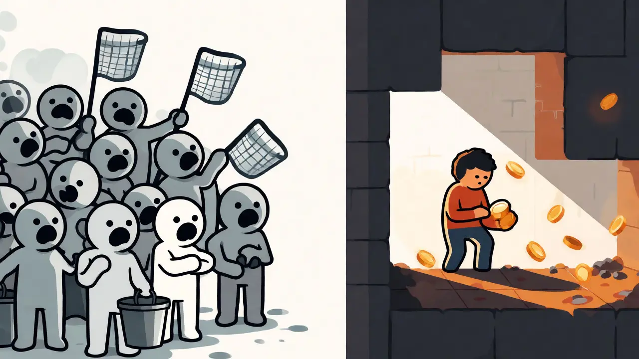 Split illustration contrasting failed airdrop hunts with in-game earning