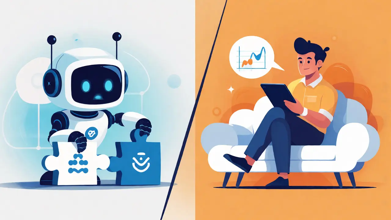 Split illustration showing a robot coding and an entrepreneur on a cloud.