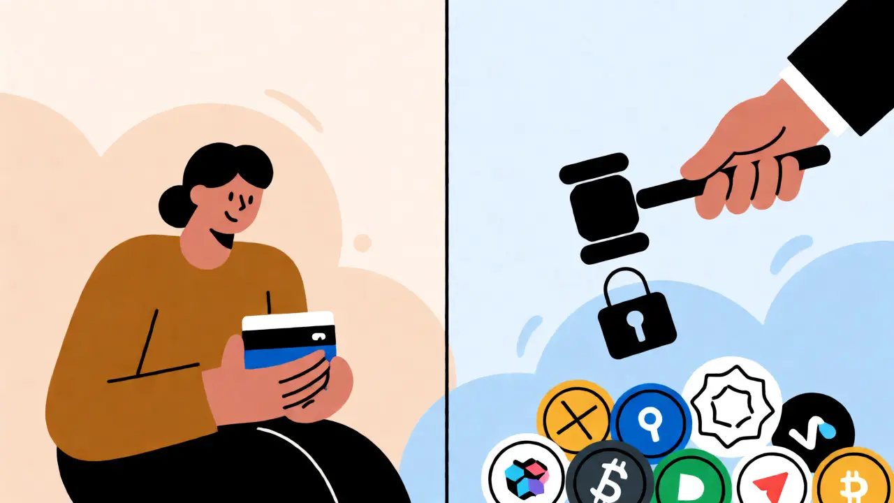 Split scene contrasting a protected hardware wallet with a gavel locking digital assets.