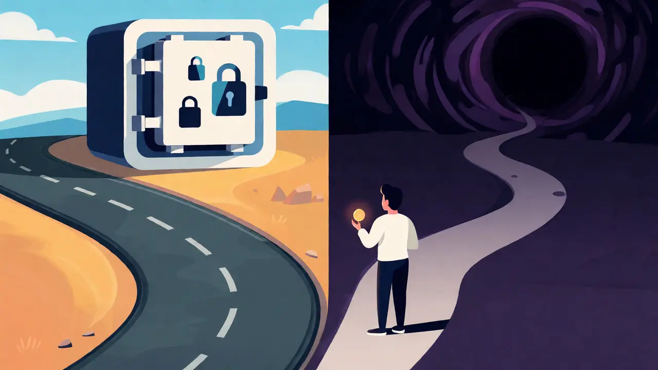 Split scene showing a safe path to a vault versus a risky path into a dark vortex for crypto funds.