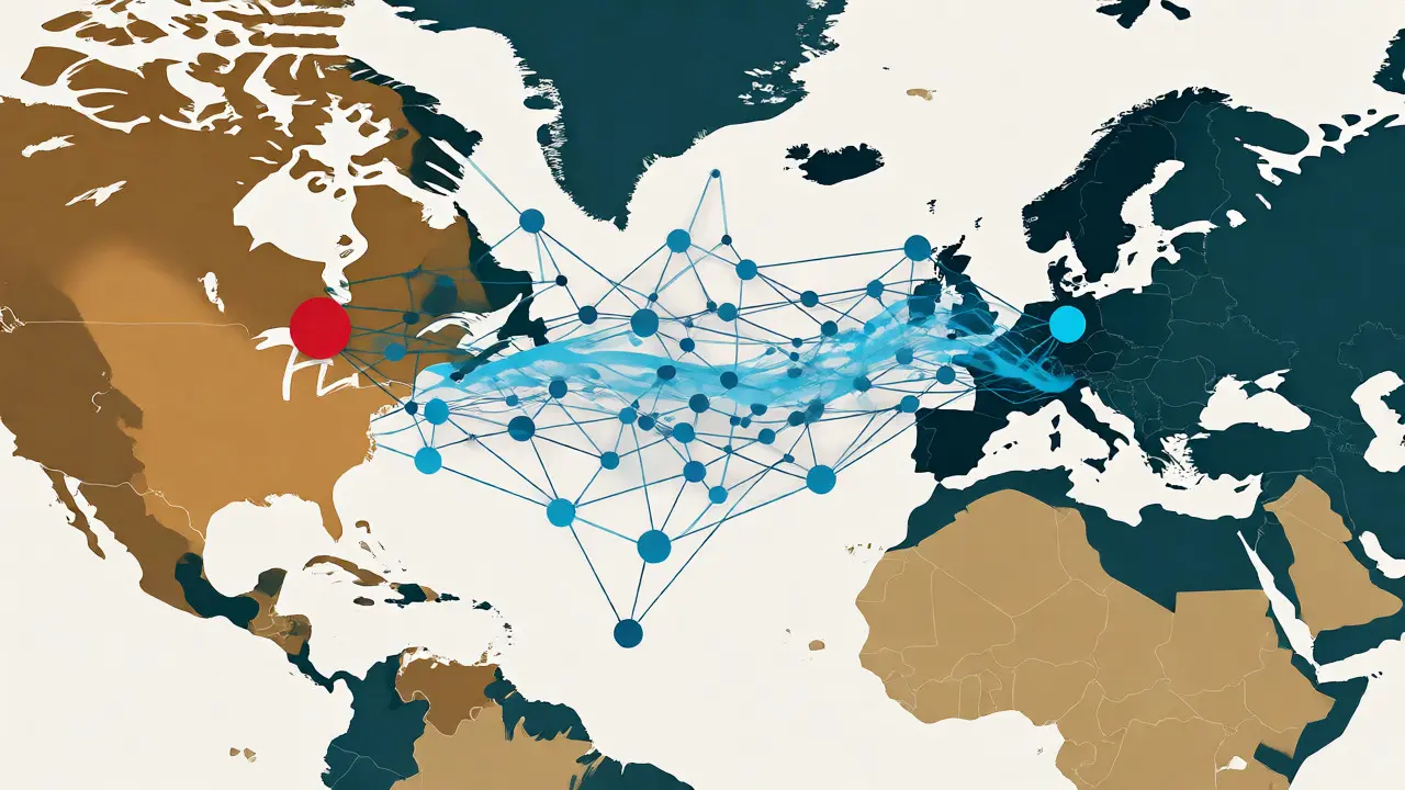 Stylized map showing data connections between Canada and Europe for crypto investigations.