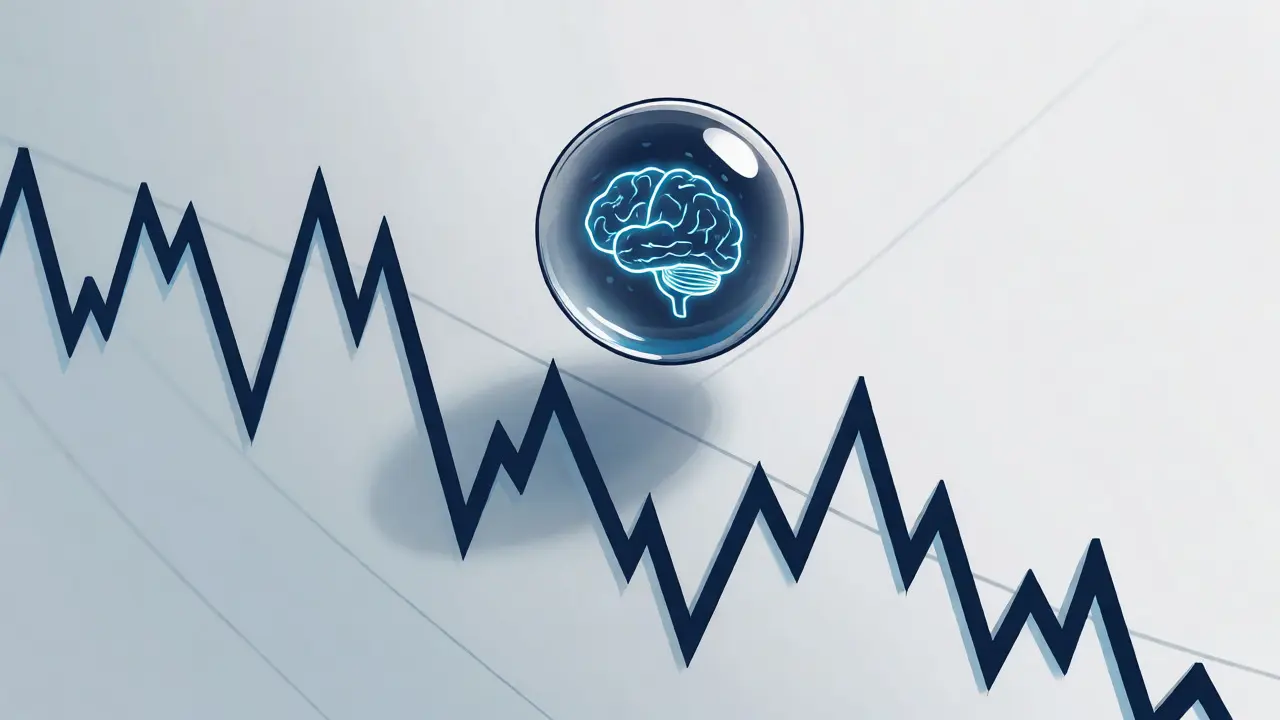 Tiny bubble with an AI icon floating over a sharp price drop chart, symbolizing micro-cap volatility.